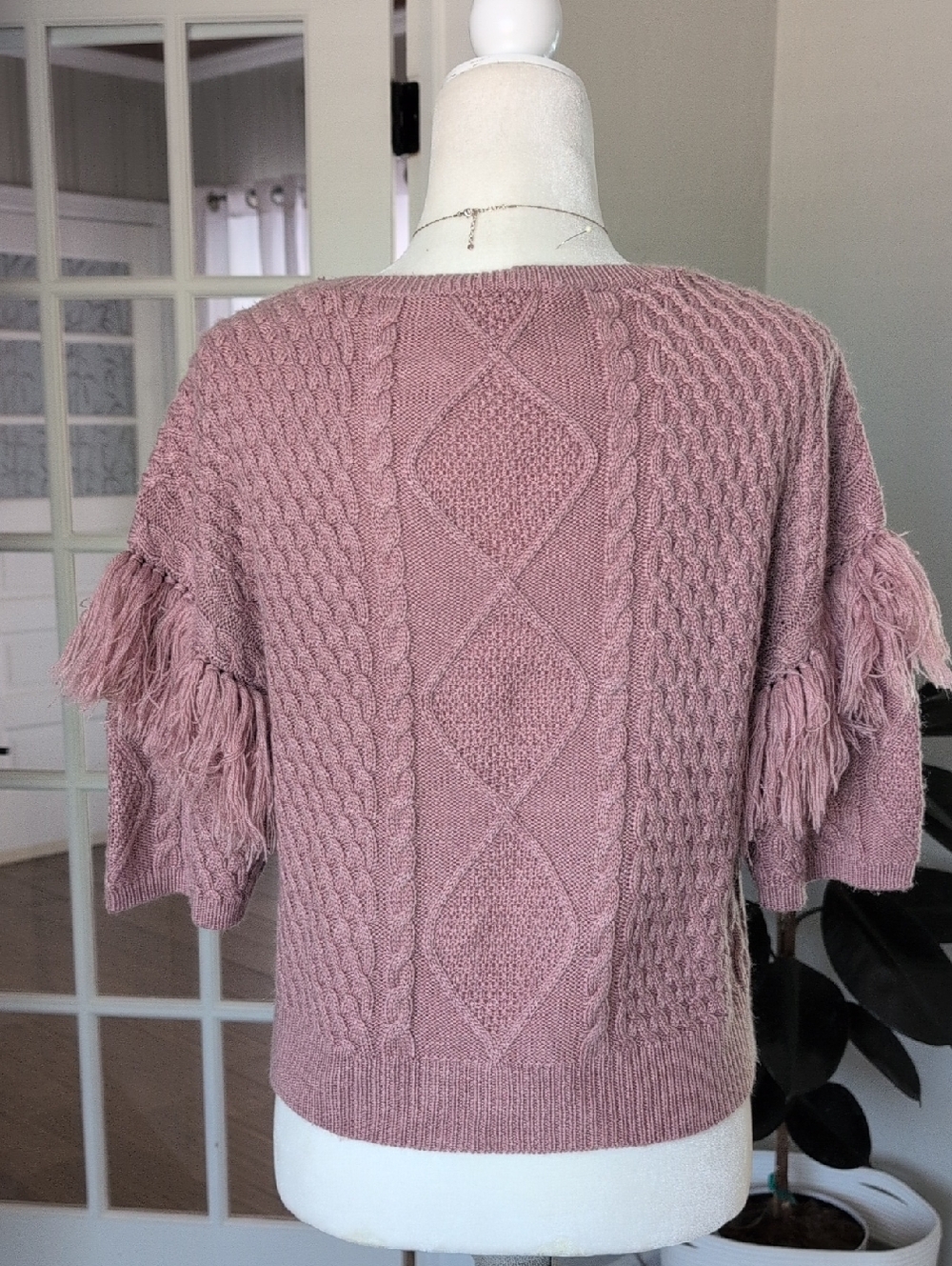 BB Dakota madden Fringe Out Dusty Rose Cable Knit Short Sleeve Sleeve Sweater L - Picture 6 of 10